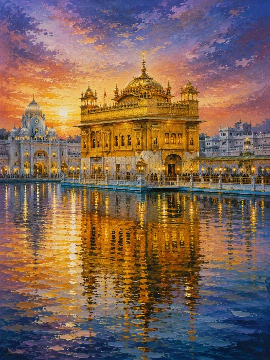 ​Handmade Golden Temple Acrylic Painting On Canvas (ART-3319-124324) - Handpainted Art Painting - 36in X 48in