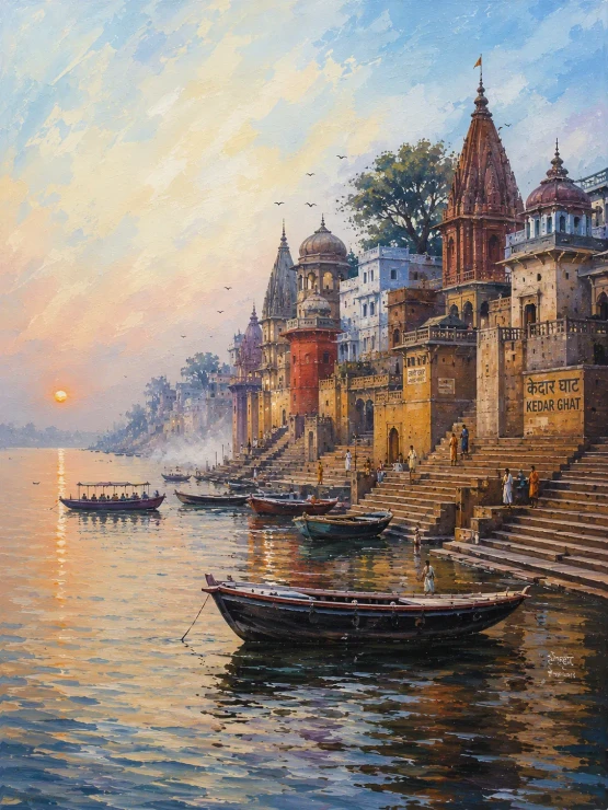 Varanasi Ghat Painting (ART-3319-124321) - Handpainted Art Painting - 24in X 36in