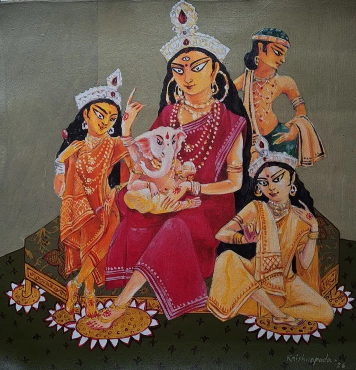 Durga Ma (ART-18009-124185) - Handpainted Art Painting - 15in X 15in