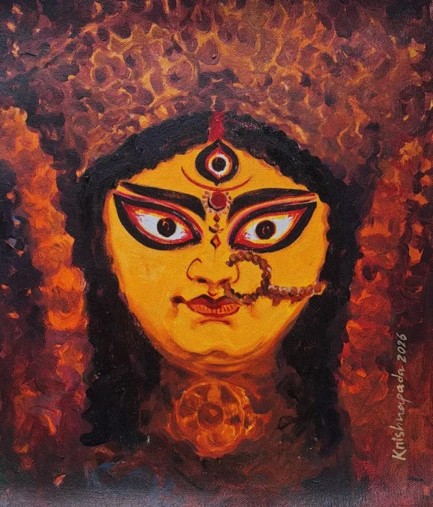 Durga Ma (ART-18009-124183) - Handpainted Art Painting - 10in X 12in