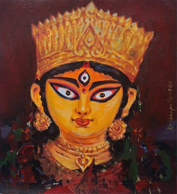 Durga Ma (ART-18009-124182) - Handpainted Art Painting - 10in X 11in