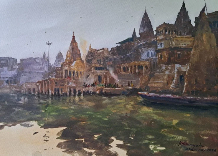 Benaras (ART-18009-124181) - Handpainted Art Painting - 22in X 14in