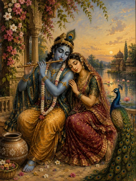 Divine Love Radha Krishna In Vrindavan Garden – Handmade Acrylic Painting For Living Room (ART-3319-124334) - Handpainted Art Painting - 36in X 48in