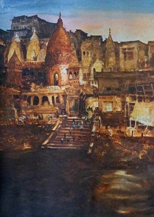 Benaras Ghat (PRT-18009-124169) - Canvas Art Print - 17in X 24in