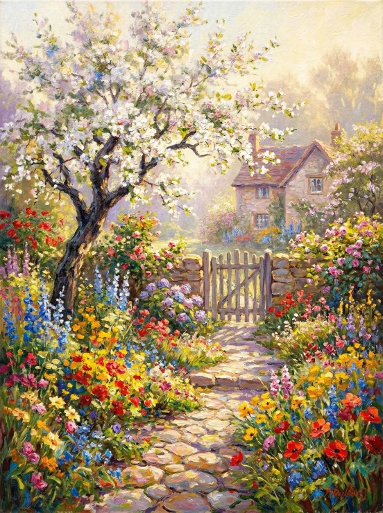 Sunlit Blossoms At The Gate (PRT-15697-124631) - Canvas Art Print - 45in X 60in