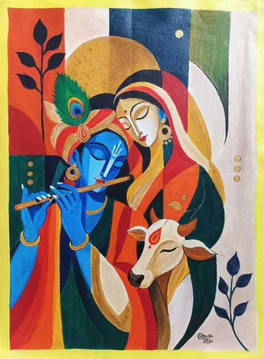 Radha Krishna Original Hand Painting (ART-18825-124673) - Handpainted Art Painting - 16in X 22in