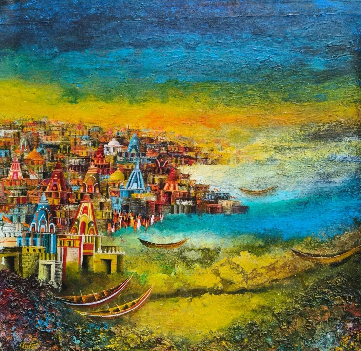 Where The Ganges Glows (ART-8439-124782) - Handpainted Art Painting - 24in X 24in