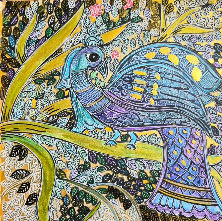 Peacock On The Golden Tree (PRT-16106-124745) - Canvas Art Print - 12in X 12in
