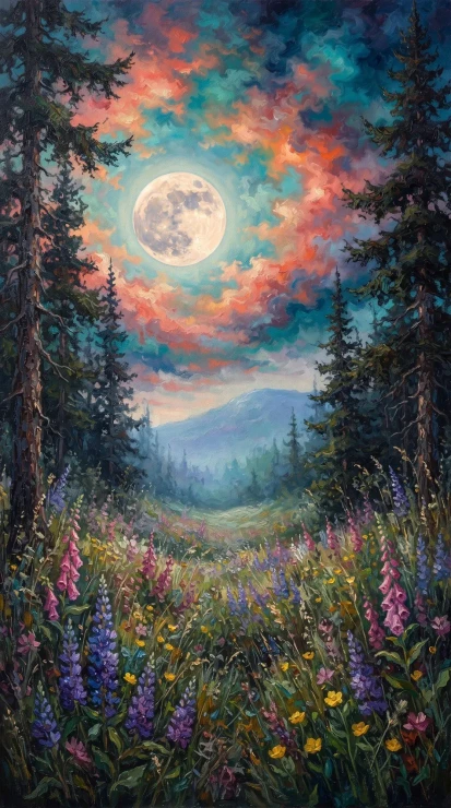 Moonlit Whispers Among Pines (PRT-16861-124491) - Canvas Art Print - 33in X 60in