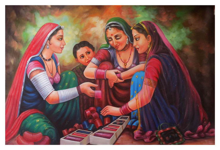 feminine, figurative painting, multi colour painting, village painting, group of ladies, bangles seller,INDIAN ART 3,ART_1033_11044,Artist : PARESH MORE,Acrylic