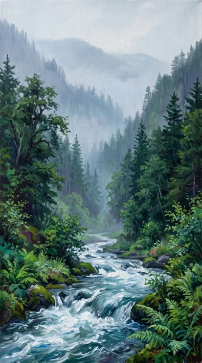 Whispering Pines And Torrent (PRT-16861-124450) - Canvas Art Print - 33in X 60in