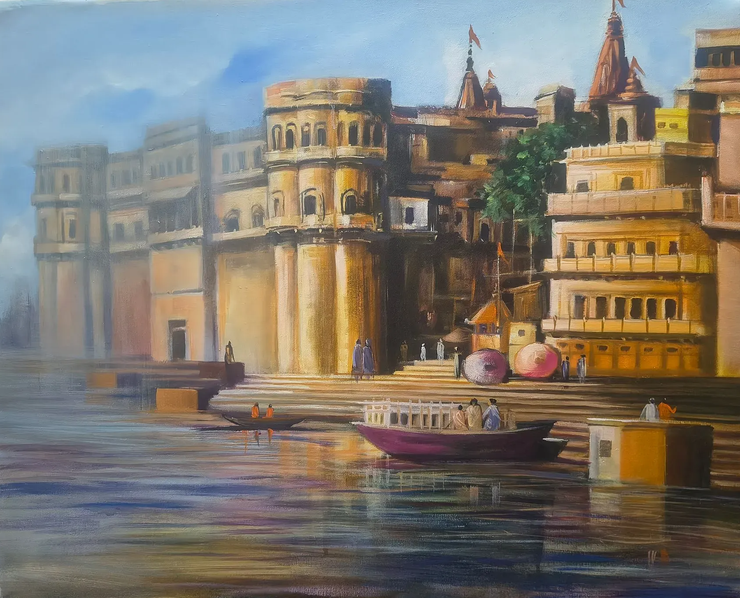 Varanasi Ghat (ART-18943-125328) - Handpainted Art Painting - 30in X 24in