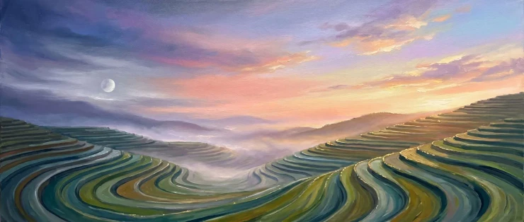 Curving Terraces At Dawn (PRT-15697-124857) - Canvas Art Print - 60in X 25in