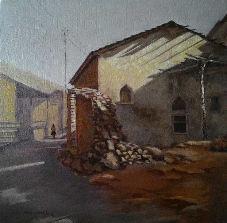 landscape, yellow, brown, village hut in the village,landscape,ART_499_10983,Artist : MAHESHKUMAR JADHAV,Oil