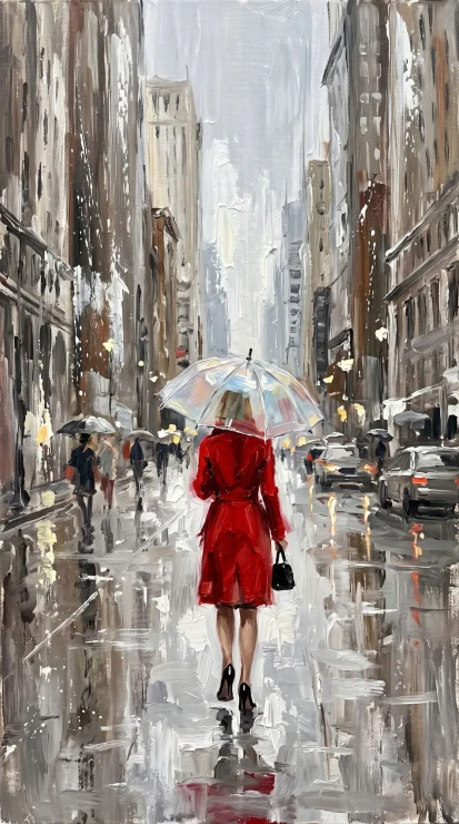 Crimson Stride In The Rain (PRT-15697-125281) - Canvas Art Print - 33in X 60in