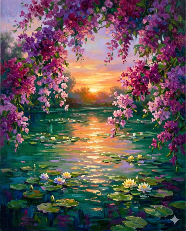 Bougainvillea Over Emerald Waters (PRT-15697-125423) - Canvas Art Print - 48in X 60in
