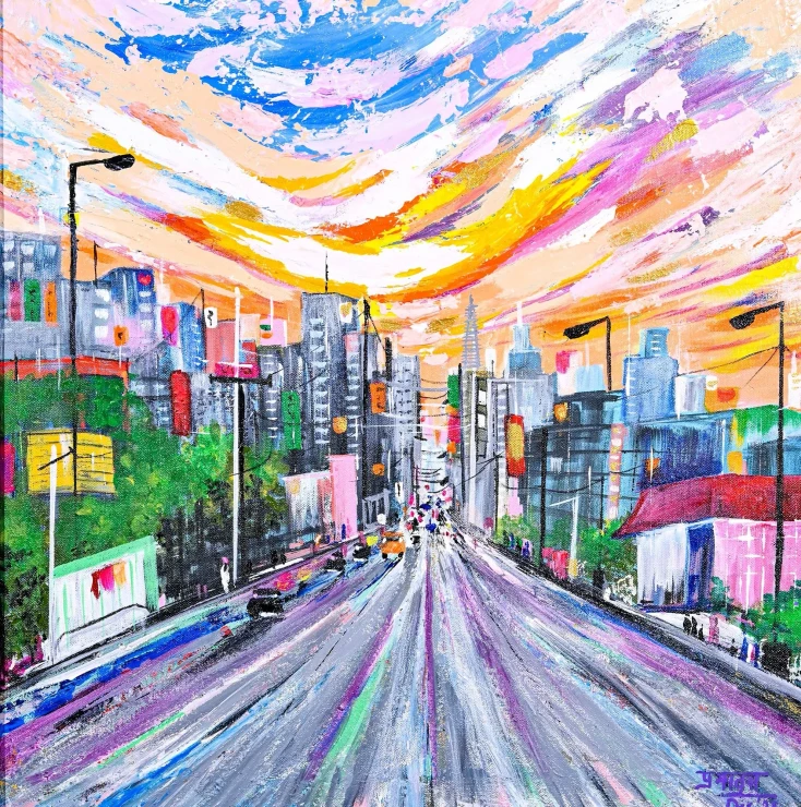City In Motion (ART-8183-125211) - Handpainted Art Painting - 24in X 24in