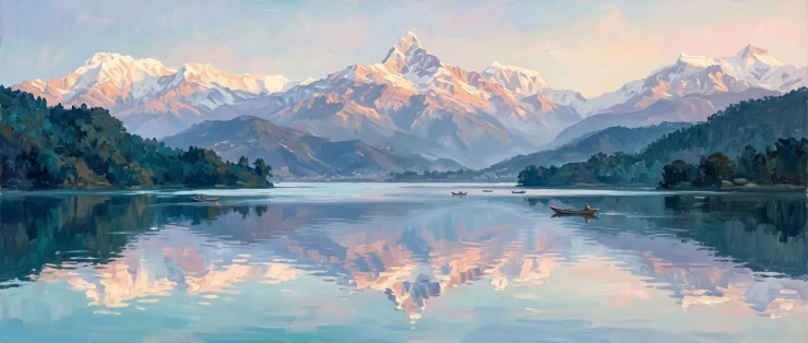 Tranquil Reflections Of Machapuchare (PRT-15697-125472) - Canvas Art Print - 60in X 25in