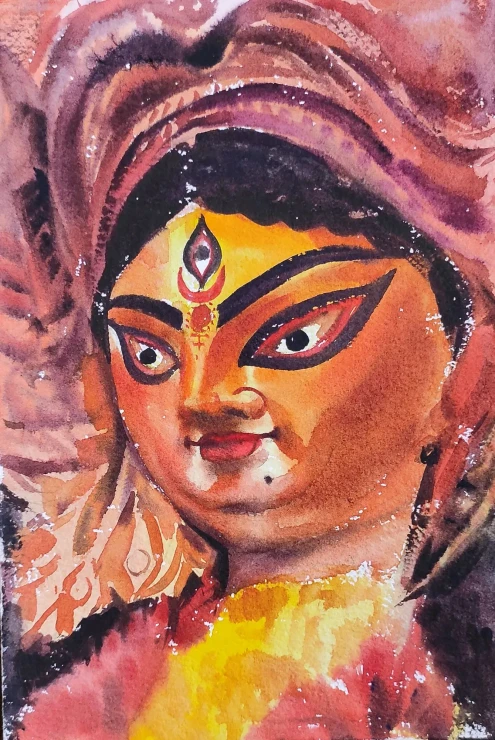 Devi Durga (ART-7901-126129) - Handpainted Art Painting - 8in X 11in