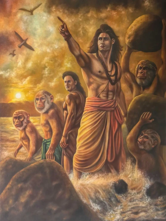 Sri Rama Setu (ART-19077-126315) - Handpainted Art Painting - 30in X 40in