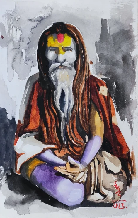 Sadhu (ART-7901-126073) - Handpainted Art Painting - 8in X 11in