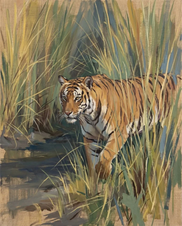 Elephant Grass Tiger Convergence (PRT-15697-125677) - Canvas Art Print - 48in X 60in