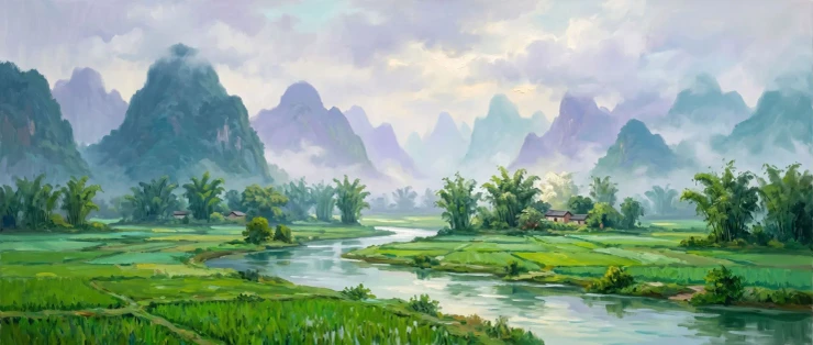 Mist Over Yangshuo Fields (PRT-15697-125491) - Canvas Art Print - 60in X 25in