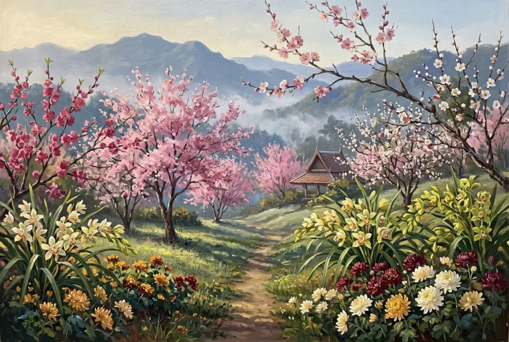Highland Mist And Blossom (PRT-15697-125871) - Canvas Art Print - 60in X 40in