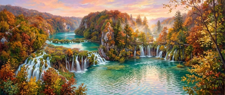Autumn Mist And Cascades (PRT-15697-125509) - Canvas Art Print - 60in X 25in