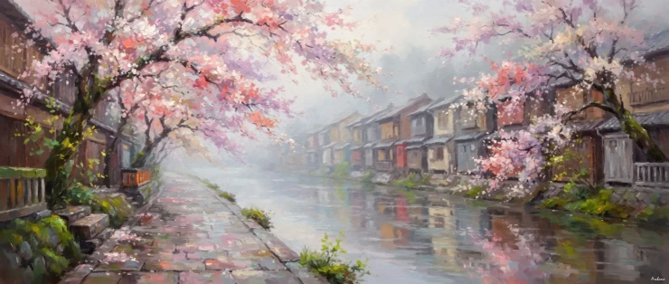 Spring Rain Along Kyoto (PRT-15697-125107) - Canvas Art Print - 60in X 25in