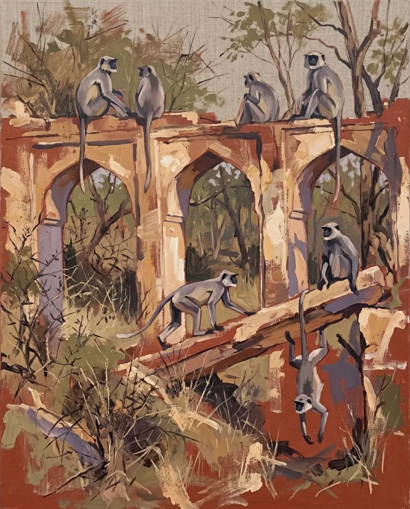 Ruined Arches Langur Passage (PRT-15697-125674) - Canvas Art Print - 48in X 60in