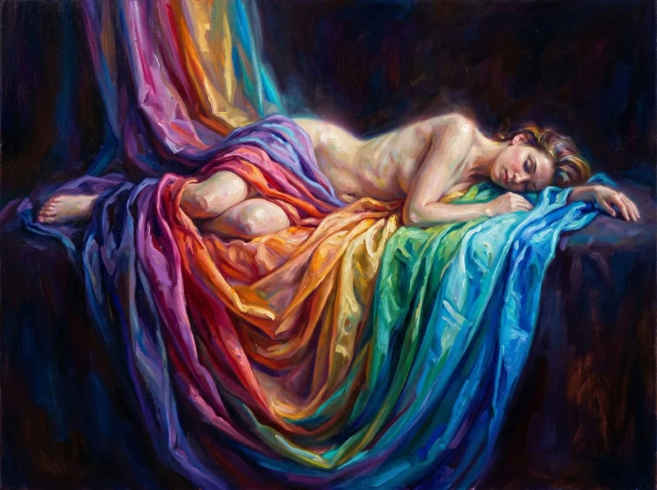 Rainbow Cascade Reclining Slumber (PRT-16861-126440) - Canvas Art Print - 60in X 45in