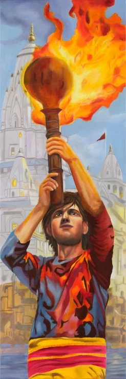 Ganga Aarti – Modern Indian Cultural Art - Prints (PRT-19101-126587) - Canvas Art Print - 12in X 36in