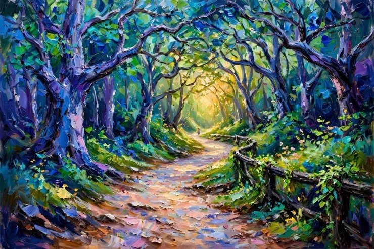Vintage Handmade Canvas Print Of The Enchanted Path To Golden Light (PRT-18995-126616) - Canvas Art Print - 48in X 32in