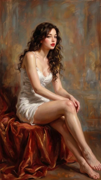 Pensive Elegance On Crimson Silk (PRT-15697-126577) - Canvas Art Print - 34in X 60in