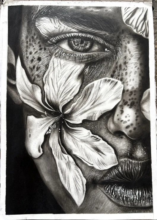 Blooming Gaze | Realistic Charcoal Portrait With Flower (ART-19079-126595) - Handpainted Art Painting - 29in X 42in