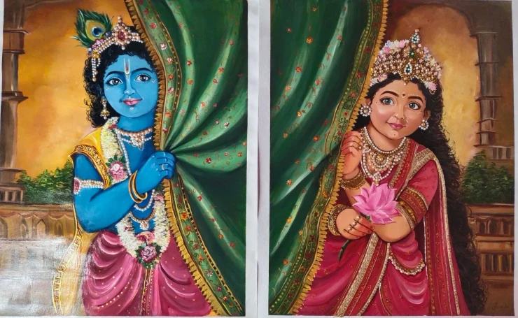 Radha Krishna Diptych - Divine Couple Set Of 2 (ART-19051-126554) - Handpainted Art Painting - 17in X 11in
