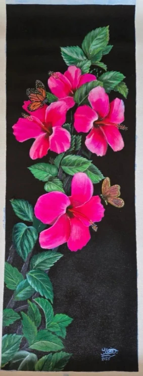 Vibrant Pink Hibiscus Flowers With Butterflies Canvas Painting (ART-19069-126637) - Handpainted Art Painting - 11in X 27in