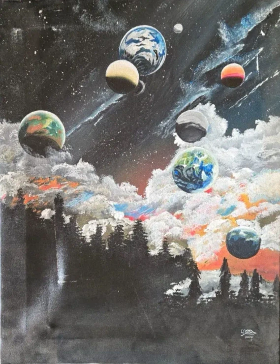 ​Mystical Galaxy Planets And Trees Cosmic Canvas Painting (ART-19069-126709) - Handpainted Art Painting - 16in X 21in