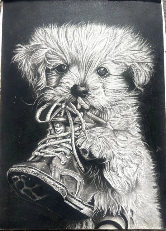 Little Paws, Big Love | Realistic Puppy Portrait | Monochrome Handmade Artwork (ART-19079-127208) - Handpainted Art Painting - 30in X 42in