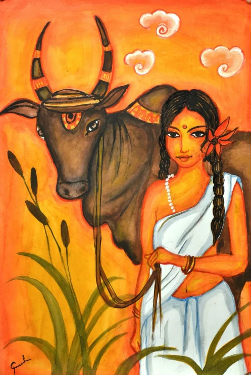 GIRL WITH BROWN COW (ART-6373-127307) - Handpainted Art Painting - 15in X 22in