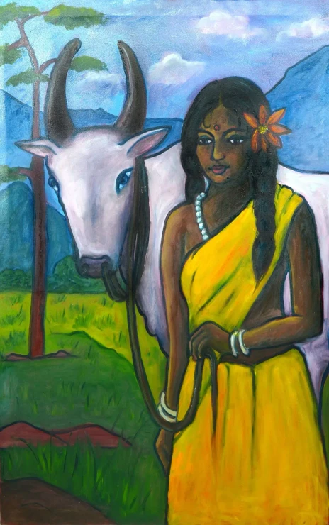 GIRL WITH WHITE BULL (ART-6373-127306) - Handpainted Art Painting - 31in X 47in