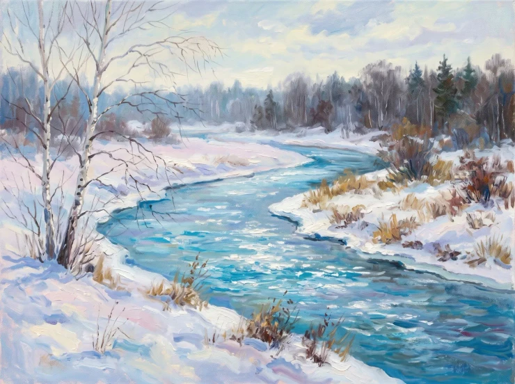 Frostlit Winding River (PRT-15697-127179) - Canvas Art Print - 60in X 45in