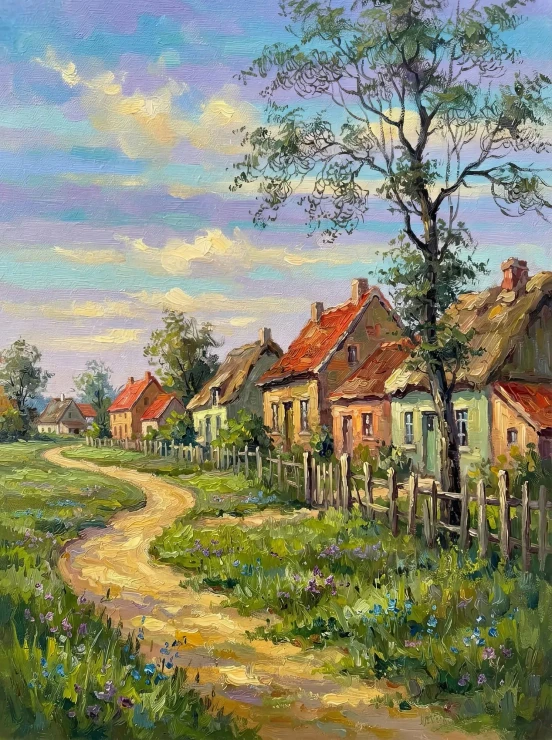 Sunlit Path Through Cottages (PRT-15697-127024) - Canvas Art Print - 45in X 60in