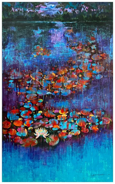 A Lotus-Attention Seeker (ART-16405-127761) - Handpainted Art Painting - 36in X 60in