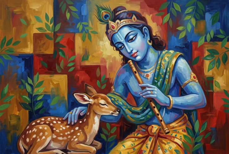 Blue Deity And Gentle Deer (PRT-15697-128108) - Canvas Art Print - 60in X 40in