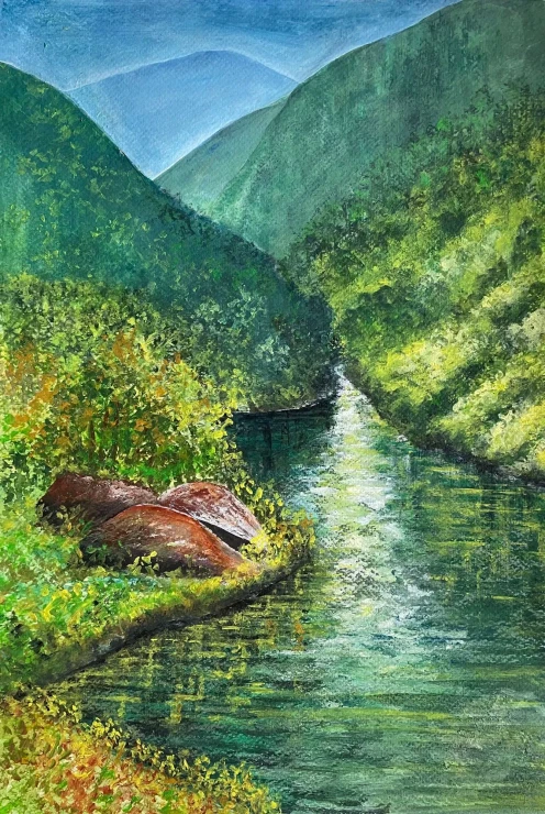 Serene Mountain River Scene (ART-8841-128396) - Handpainted Art Painting - 11in X 15in