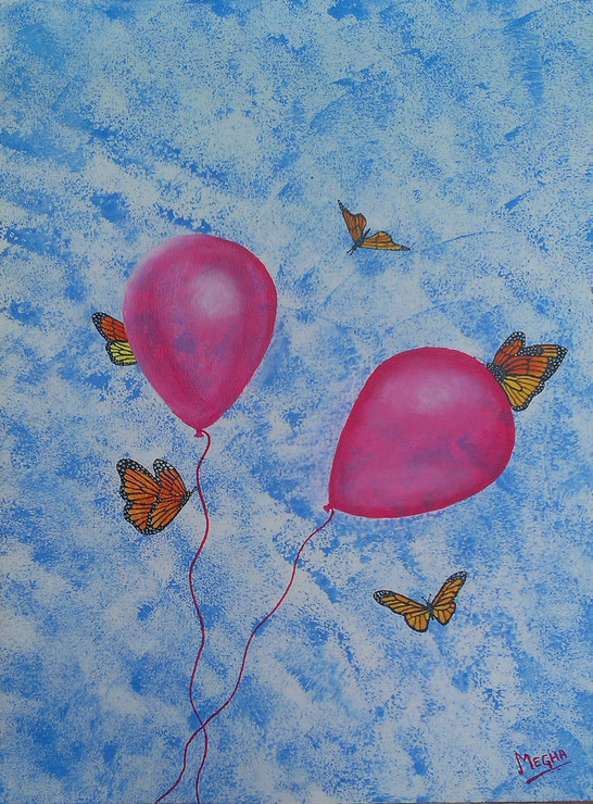 Balloons & Butterflies in the sky,Balloon & Batterfly,ART_279_11329,Artist : Megha Bais,Acrylic