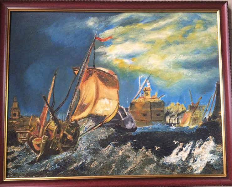 Boat, sail,Sailing Ship - Reaching Destination,ART_1295_11200,Artist : Shoba Prakash,Oil