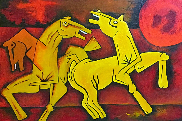 horses,famous painters,m f hussain , red,living room painting,lobbyroom painting, painting for home,horses m f hussain replica,ART_1288_11348,Artist : Manini Soni,Acrylic